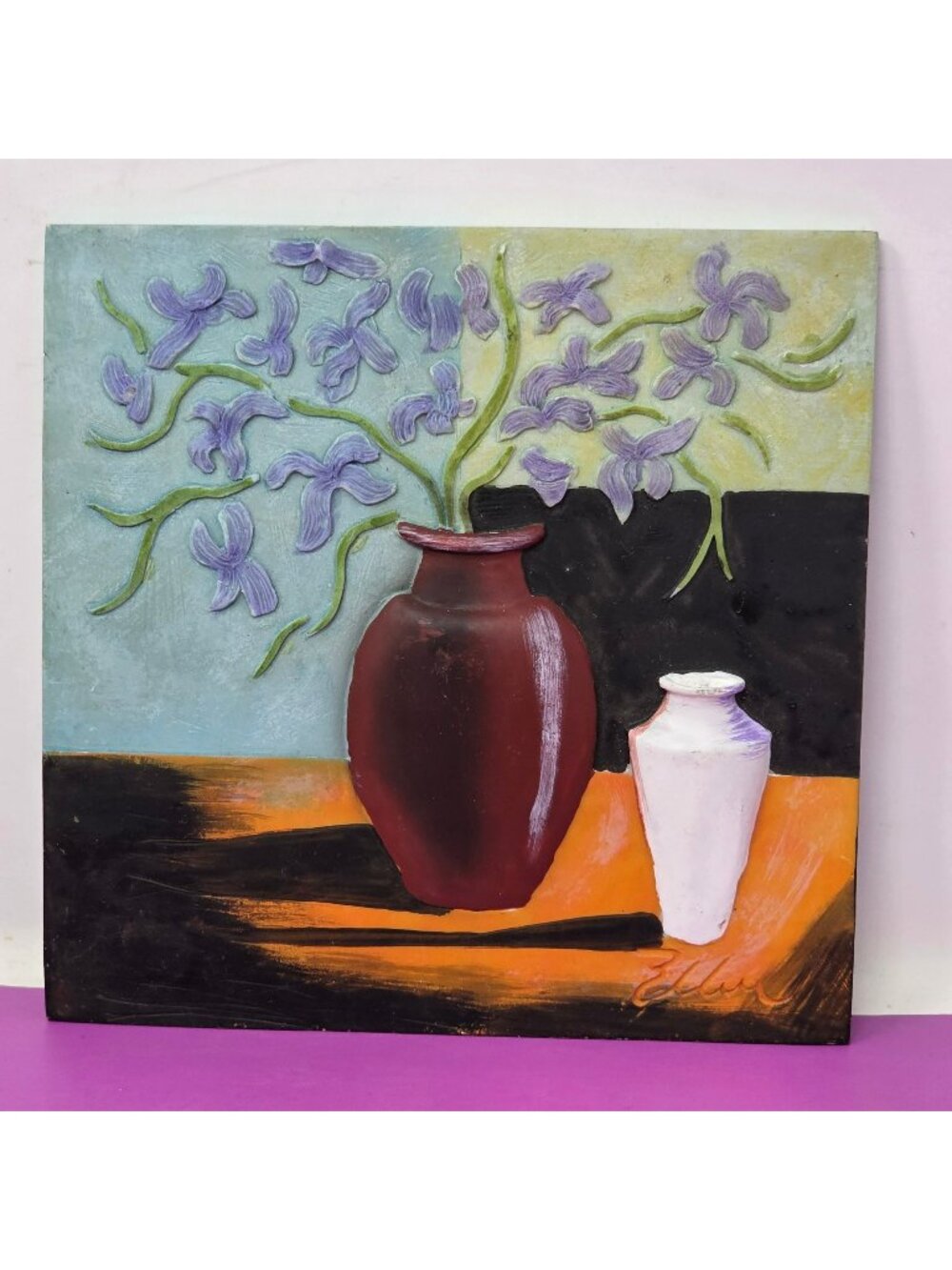 Signed Ellen 3D Hand Painted‎ Floral Wall Plaque Purple Flowers Vase Relief Art
